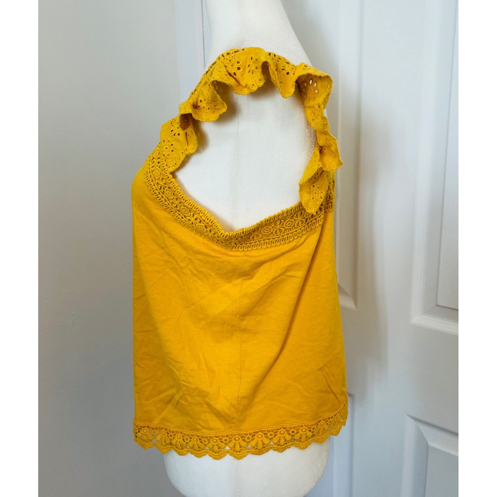 George Eyelet Tank Top Ruffle Sleeve Crochet Trim Yellow XS - Picture 3 of 7